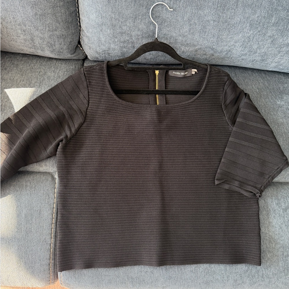 Ivanka Trump Black Ribbed Top with Gold Zipper